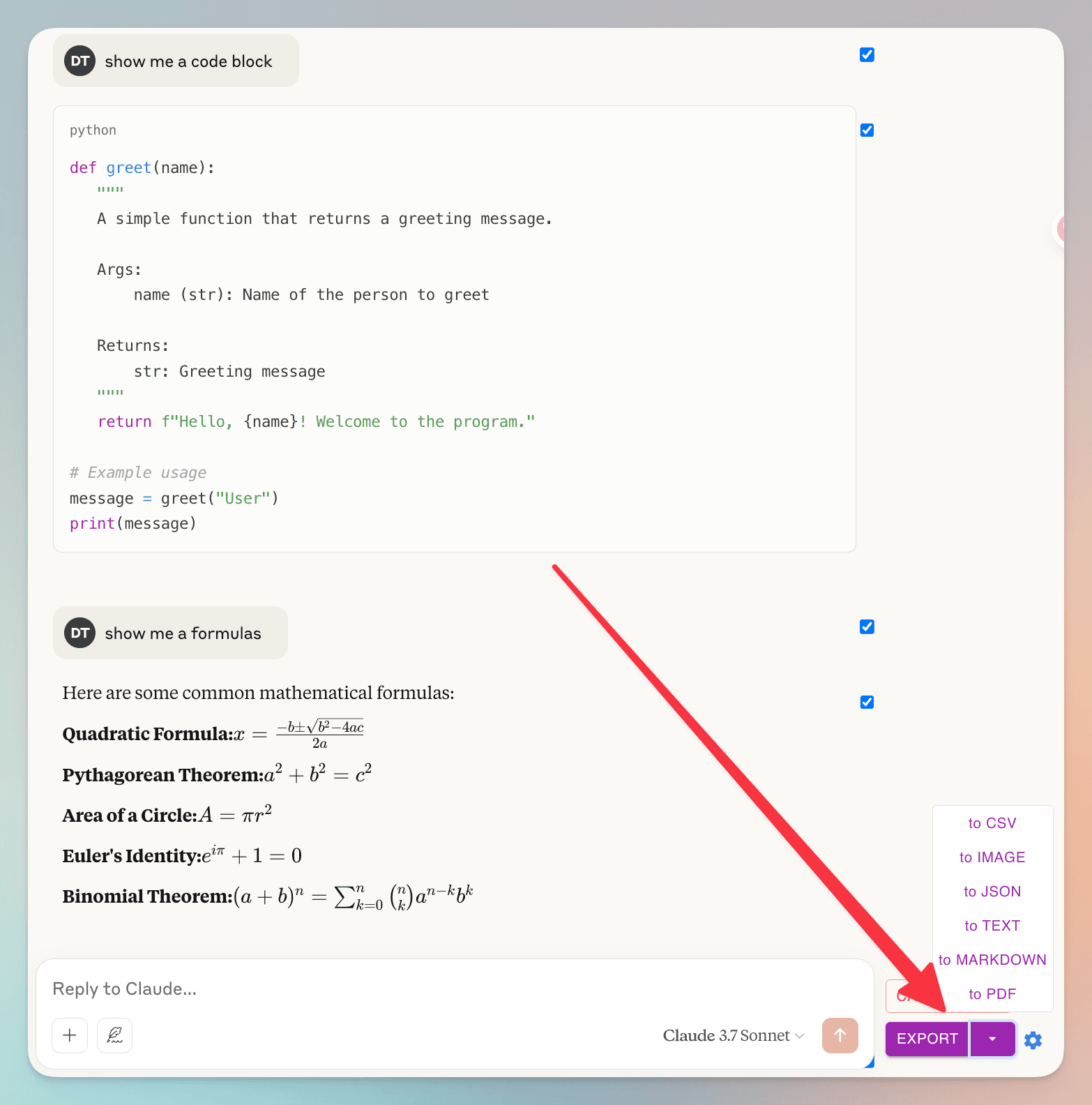 click export button to choose format to export